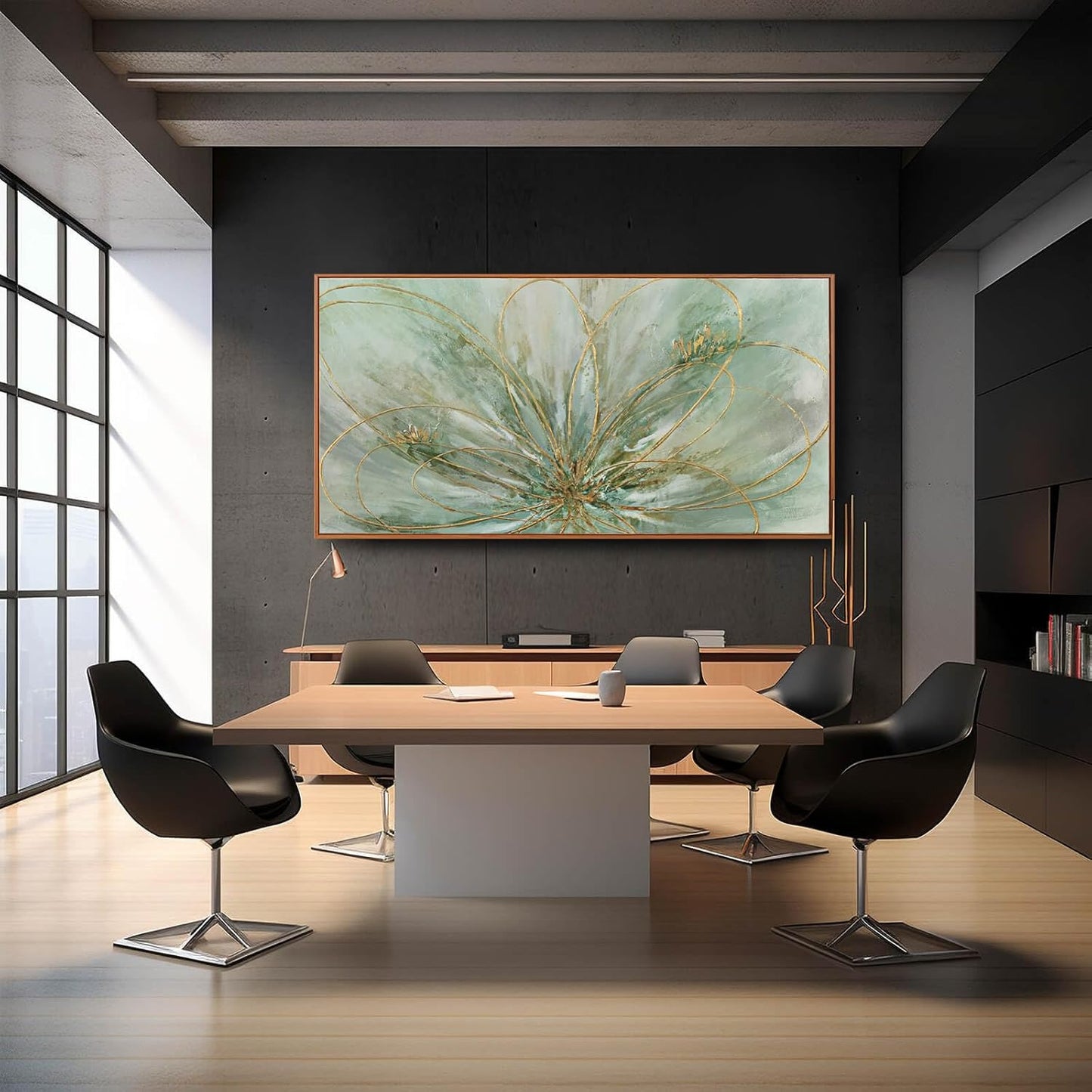 Framed Canvas Prints Gold Line Poster Abstract Wall Ar Green Pictures Wall Decor 29"x 58" Modern
