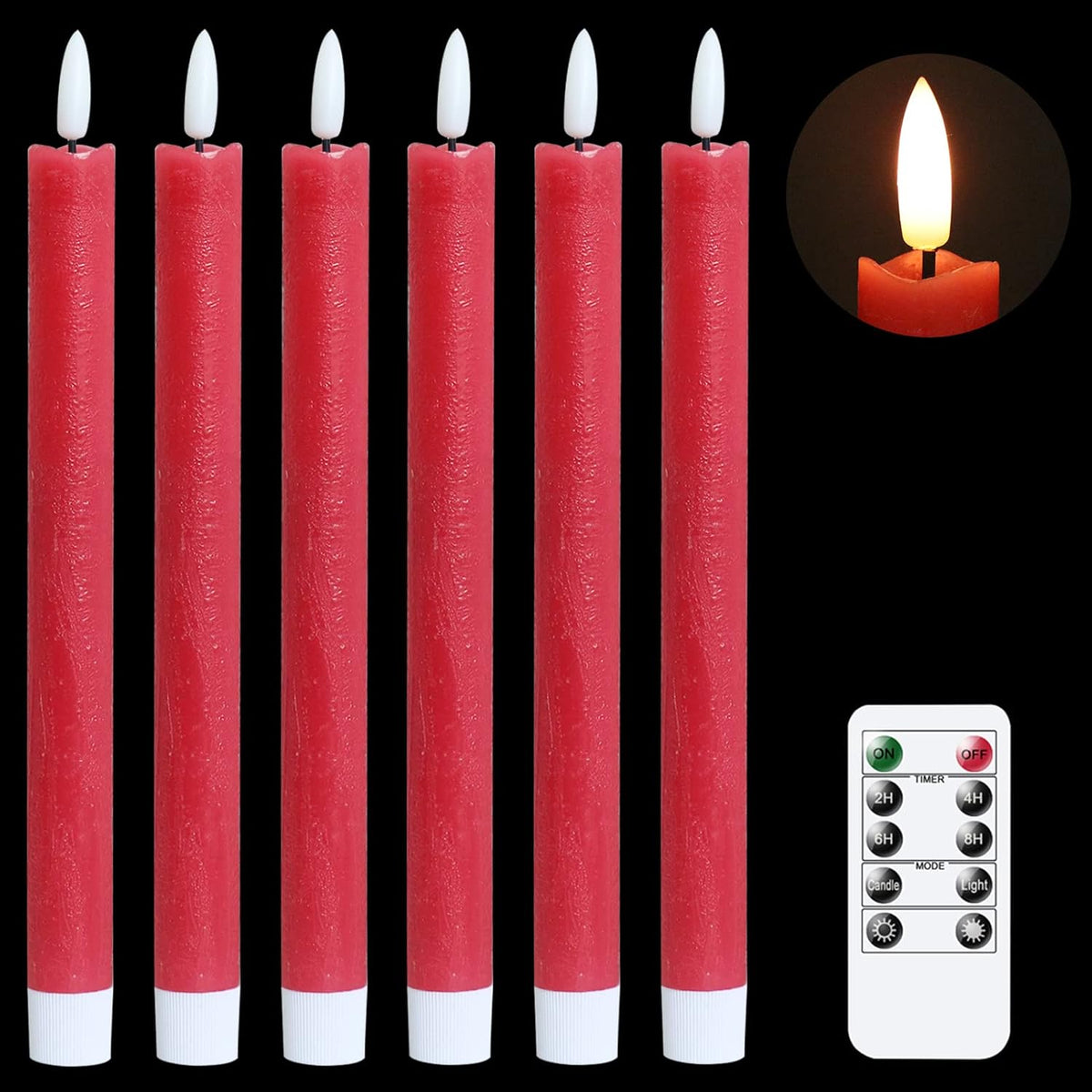 GenSwin Flameless Red Taper Candles Flickering with 10-Key Remote, Battery Operated Led Warm 3D