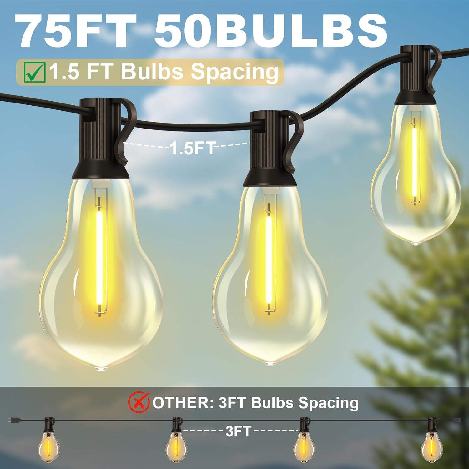 75FT Outdoor String Lights Waterproof with 50+4 Bulbs (1.5FT Bulbs Spacing), Remote & Dimmer