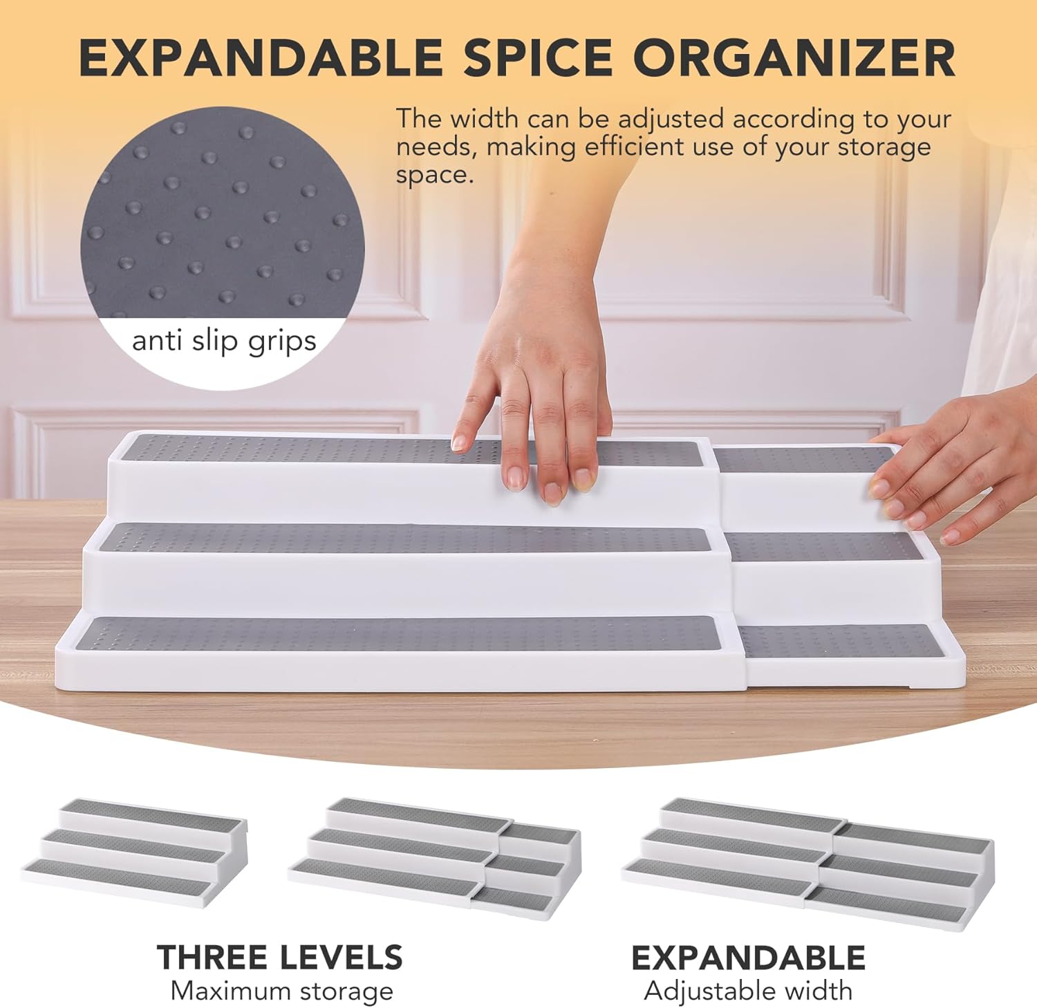 3 Tier Expandable Spice Rack Organizer, White/Grey Plastic Spice Rack, Adjustable Length