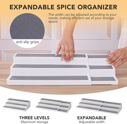 3 Tier Expandable Spice Rack Organizer, White/Grey Plastic Spice Rack, Adjustable Length
