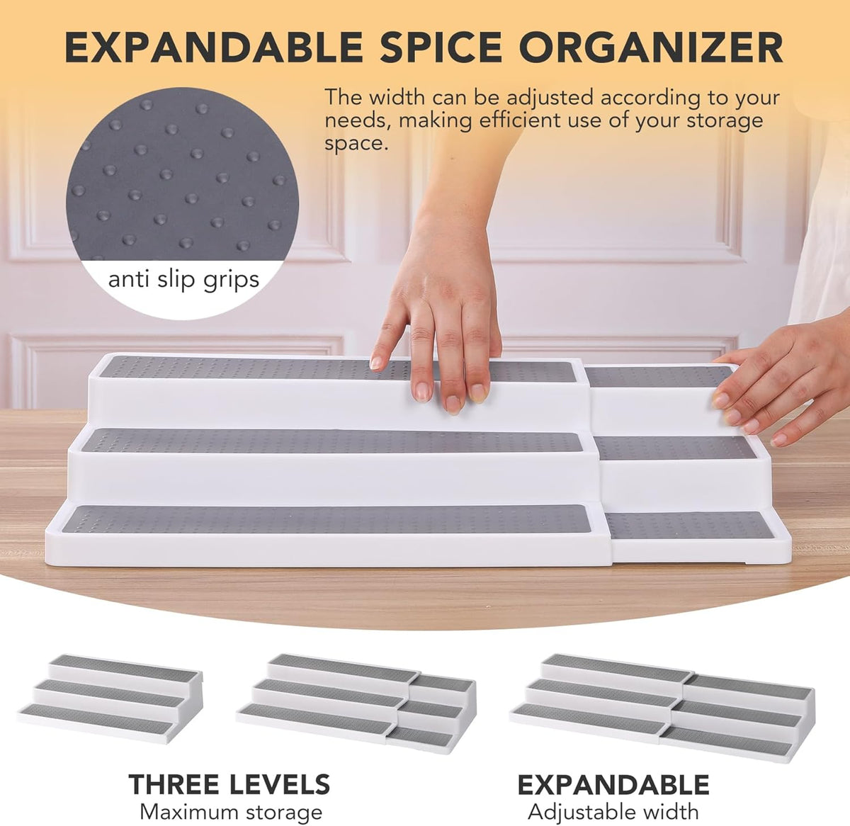 3 Tier Expandable Spice Rack Organizer, Plastic Spice Rack, Adjustable Length 14.6In-25.8In