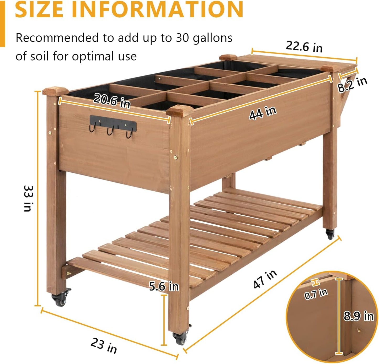 Raised Garden Bed with Lockable Wheels Mobile Elevated Wood Planter,Storage Shelf, Protective