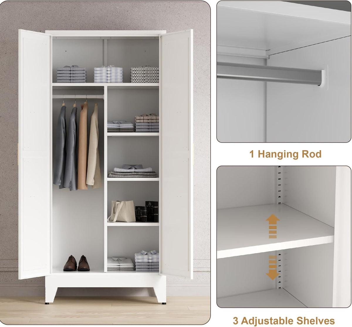 71'' Farmhouse Metal Wardrobe Cabinet with Hanging Rod, 2 Barn Door Wardrobe Closet with 5