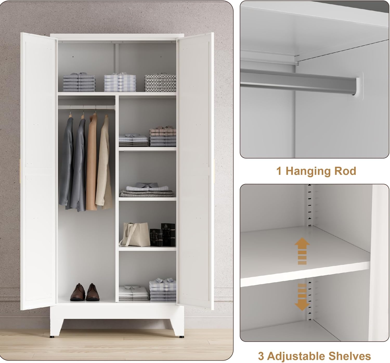 71'' Farmhouse Metal Wardrobe Cabinet with Hanging Rod, 2 Barn Door Wardrobe Closet with 5