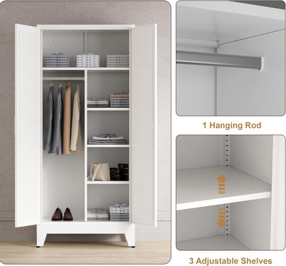 71'' Farmhouse Metal Wardrobe Cabinet with Hanging Rod, 2 Barn Door Wardrobe Closet with 5