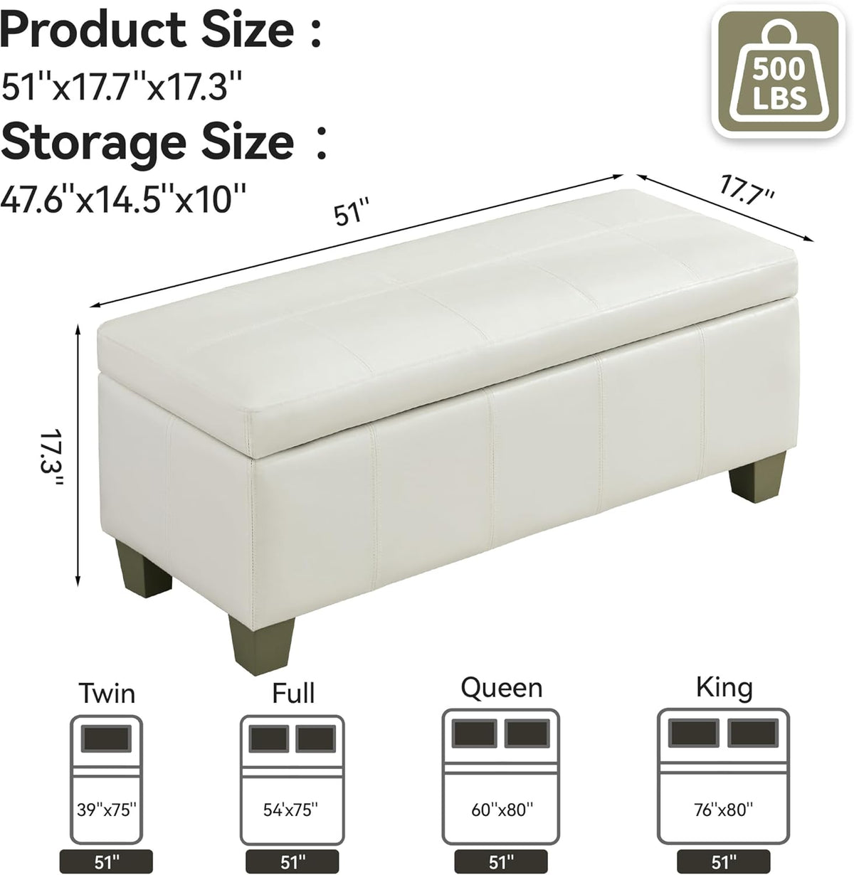 51" Faux Leather Storage Ottoman, Stitch Tufted Rectangle Upholstered End of Bed Storage Bench