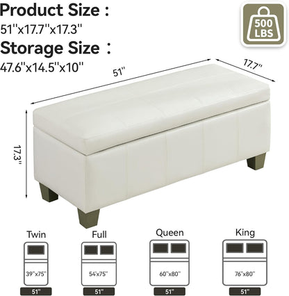 51" Faux Leather Storage Ottoman, Stitch Tufted Rectangle Upholstered End of Bed Storage Bench