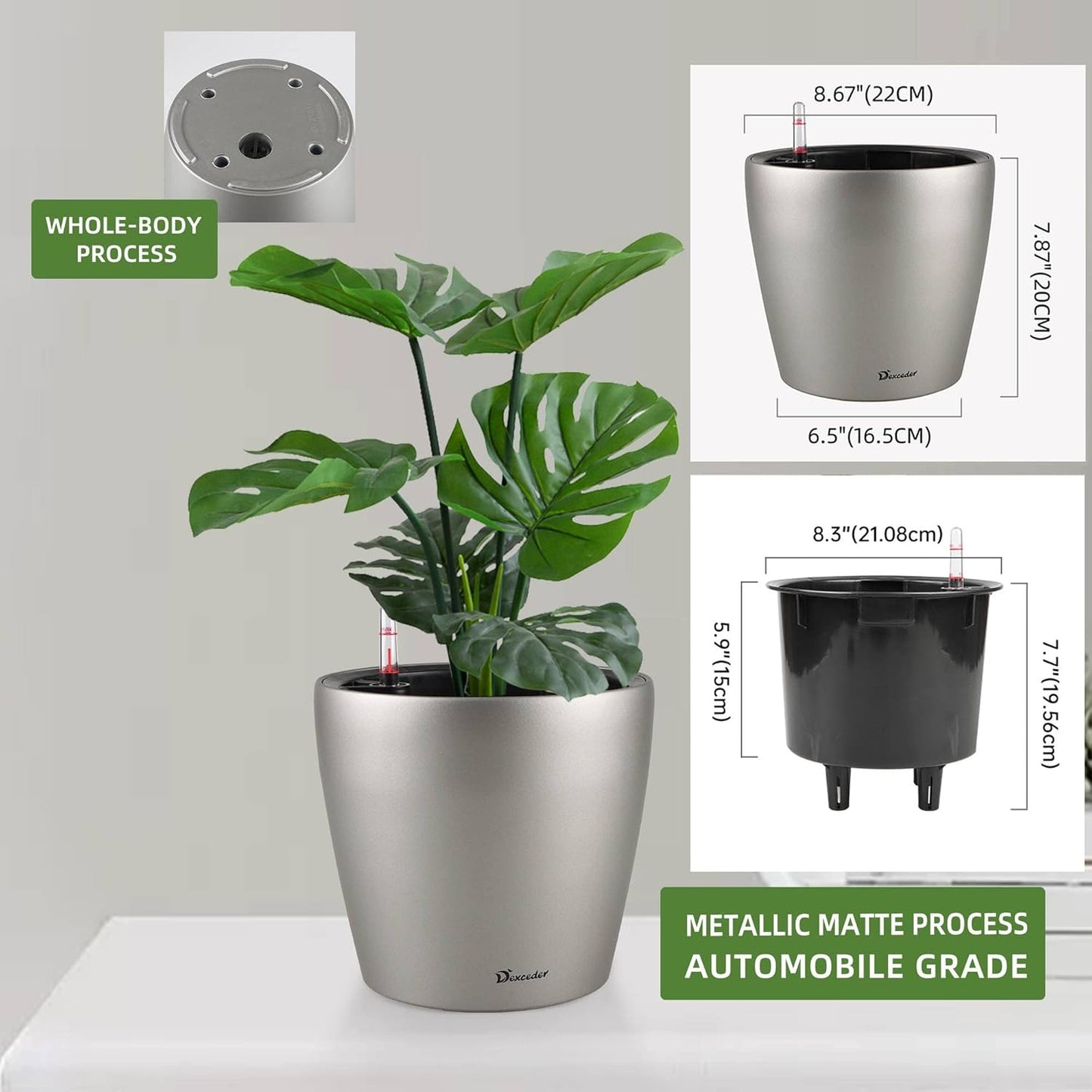 Dexceder 9x8 Inches Self Watering Planter Metallic Matte Indoor Outdoor, Inner Pot Design