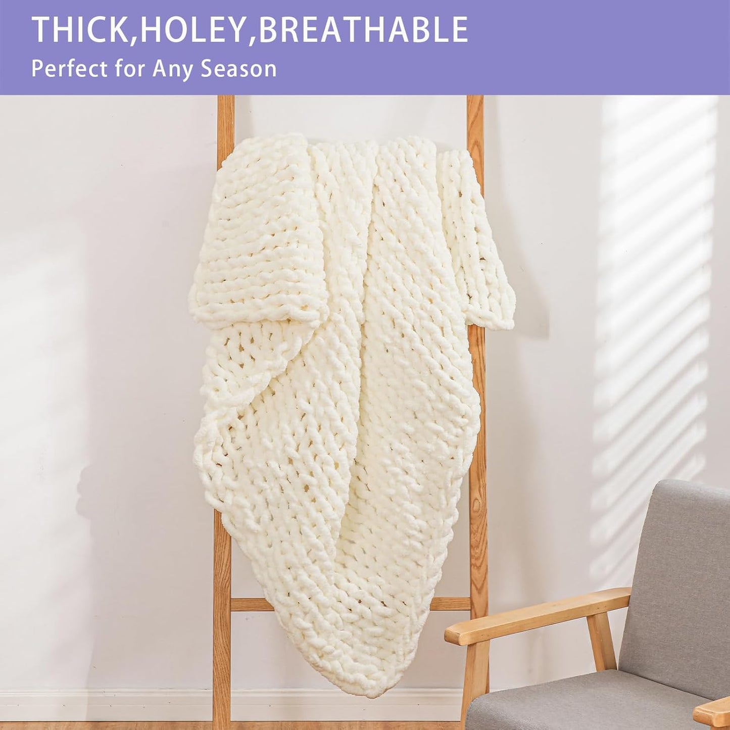 Bigacogo Chunky Knit Throw Blanket for Couch, 40x40 inches, 100% Hand Knitted with Thick Jumbo