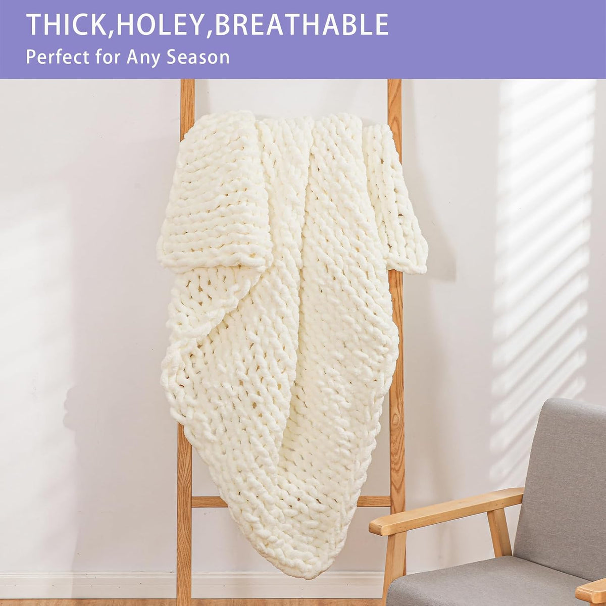 Bigacogo Chunky Knit Throw Blanket for Couch, 40x40 inches, 100% Hand Knitted with Thick Jumbo