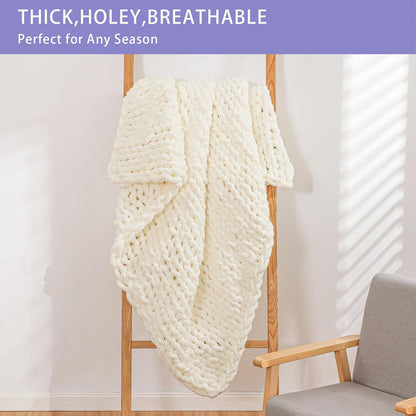 Bigacogo Chunky Knit Throw Blanket for Couch, 40x40 inches, 100% Hand Knitted with Thick Jumbo