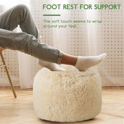 HIGOGOGO Round Stuffed Pouf Ottoman, Long Faux Fur Poufs with Foam Chunk Filling, Fluffy and Furry