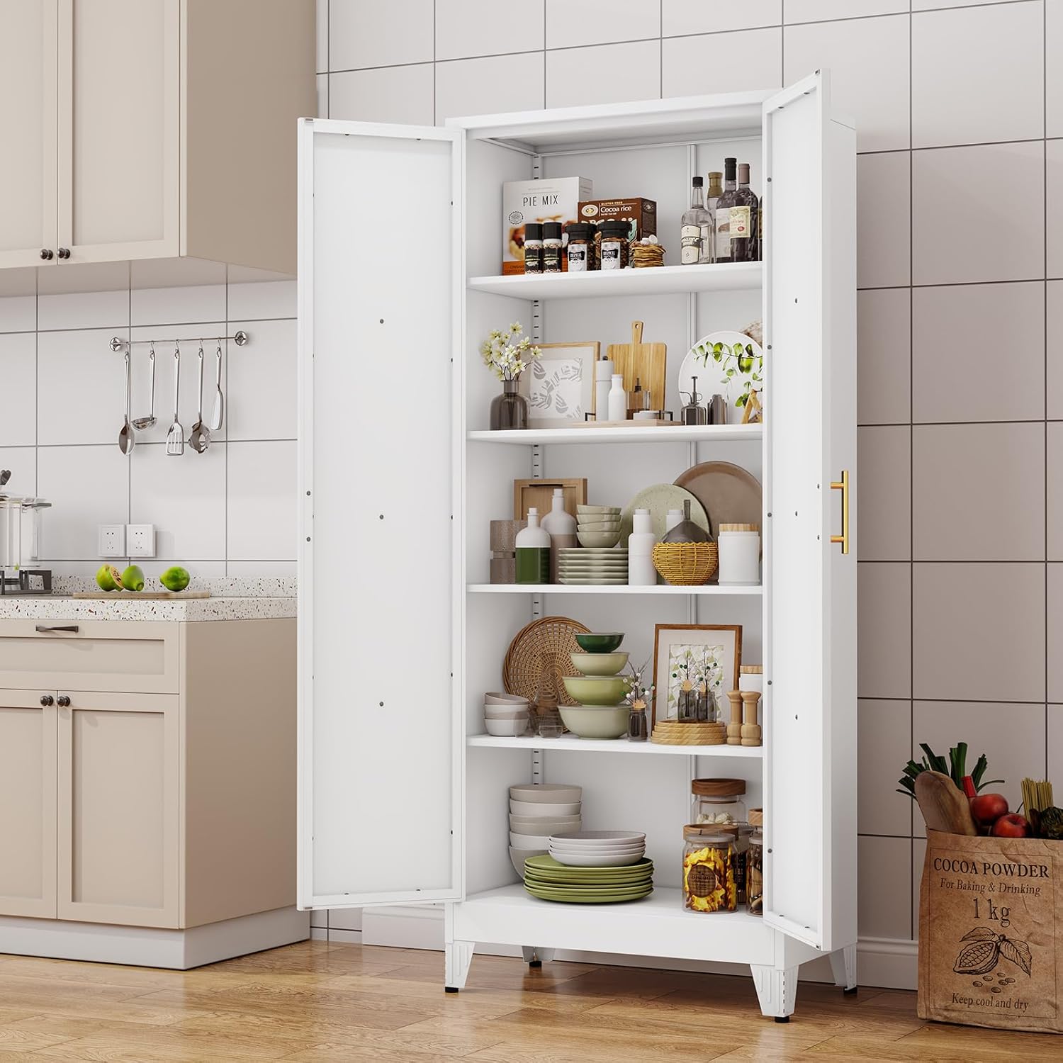 71" H Metal Kitchen Pantry Storage Cabinet, Freestanding Cupboard with 2 Doors and 4 Adjustable