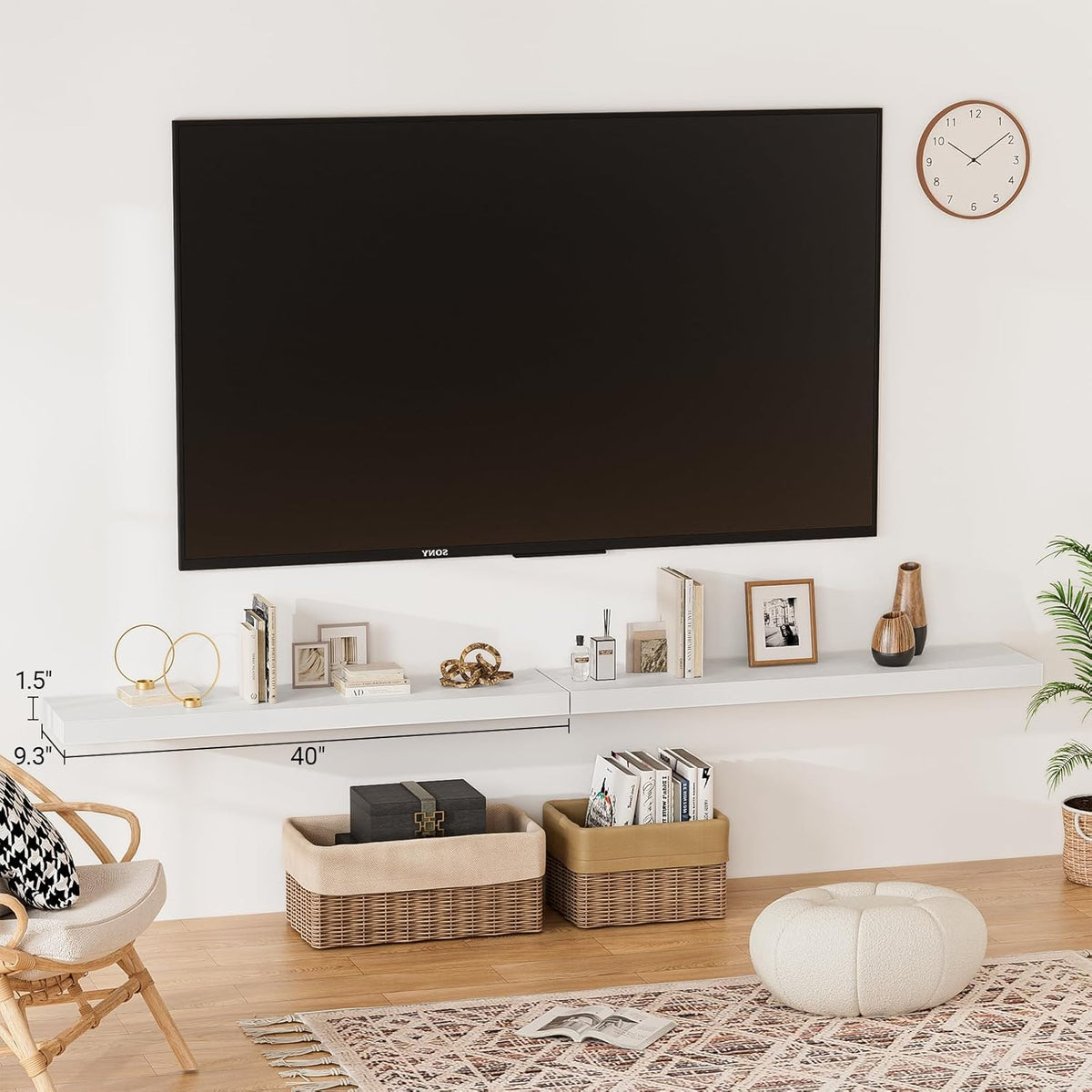 40 Inches Floating Shelves for Wall,9.3" Deep White Long Floating Shelves Set of 2,Large Display &
