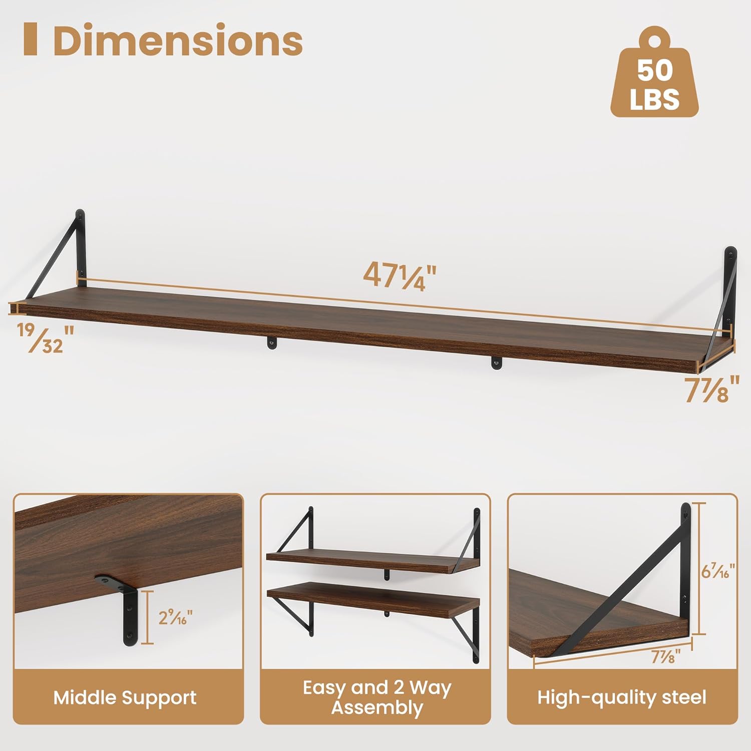 Heimlove 48 Inch Large Floating Bookshelves Set of 3,Wall Mounted Bookshelves,Heavy Duty Wooden