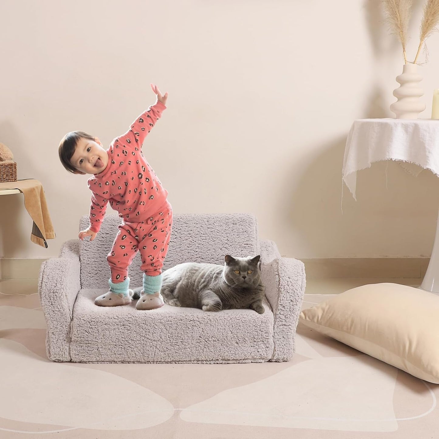Kids Extra Wide Chairs for Toddler, 2-in-1 Toddler Soft Sherpa Couch Fold Out, Convertible Sofa to