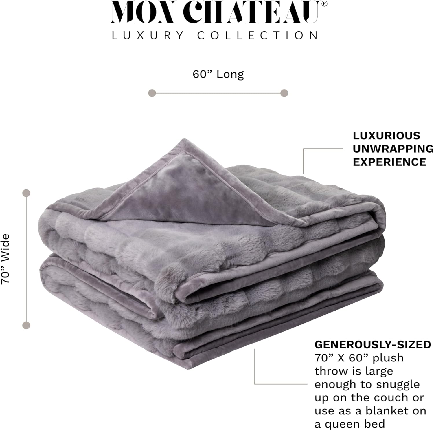 Mon Chateau 60" x 70" Faux Fur Throw Blanket - Reversible Soft Blanket for Queen-Size Bed, Couch