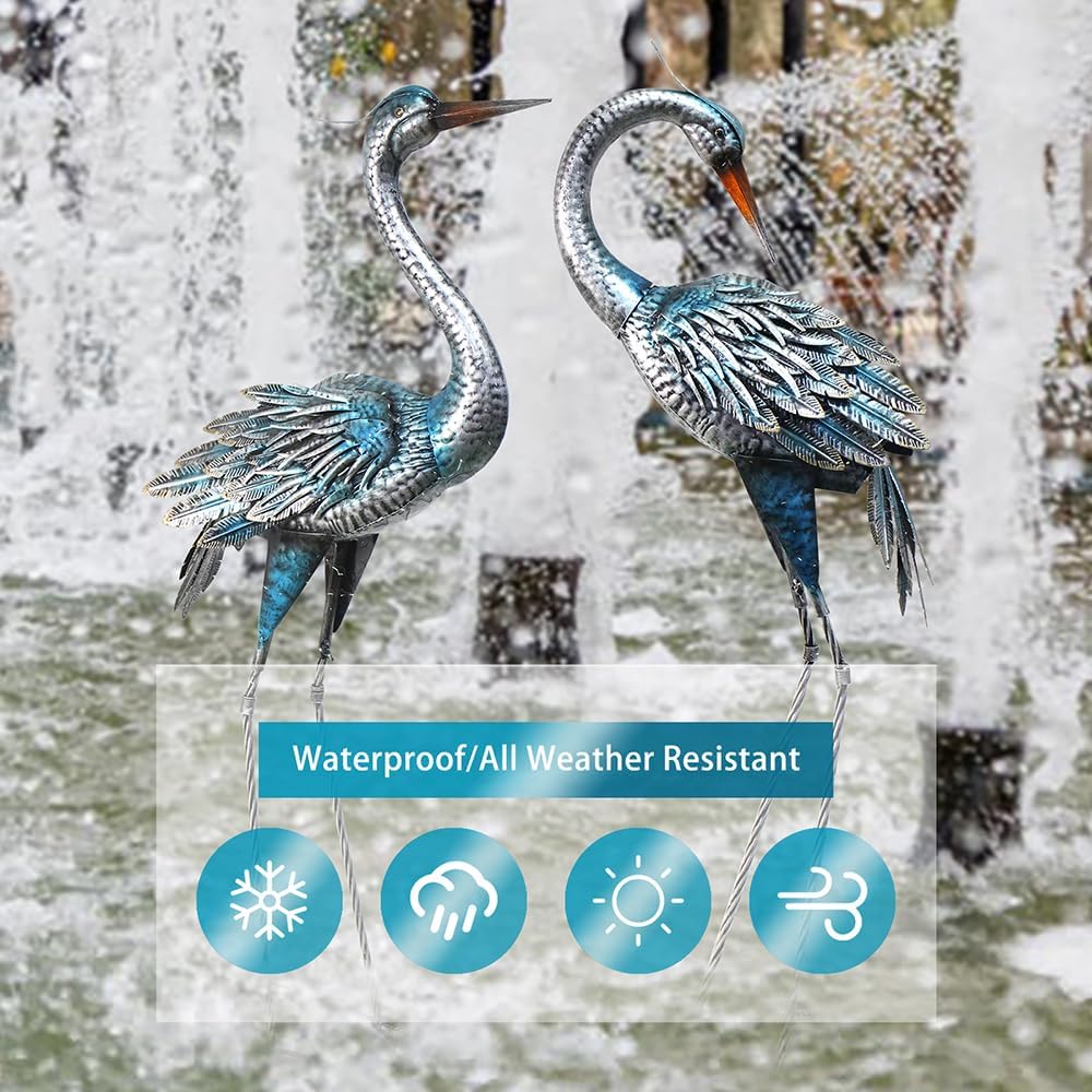 Crane Decor Statues, Blue Heron Garden Statues Metal Yard Art Outdoor Decoy, Garden Sculptures for