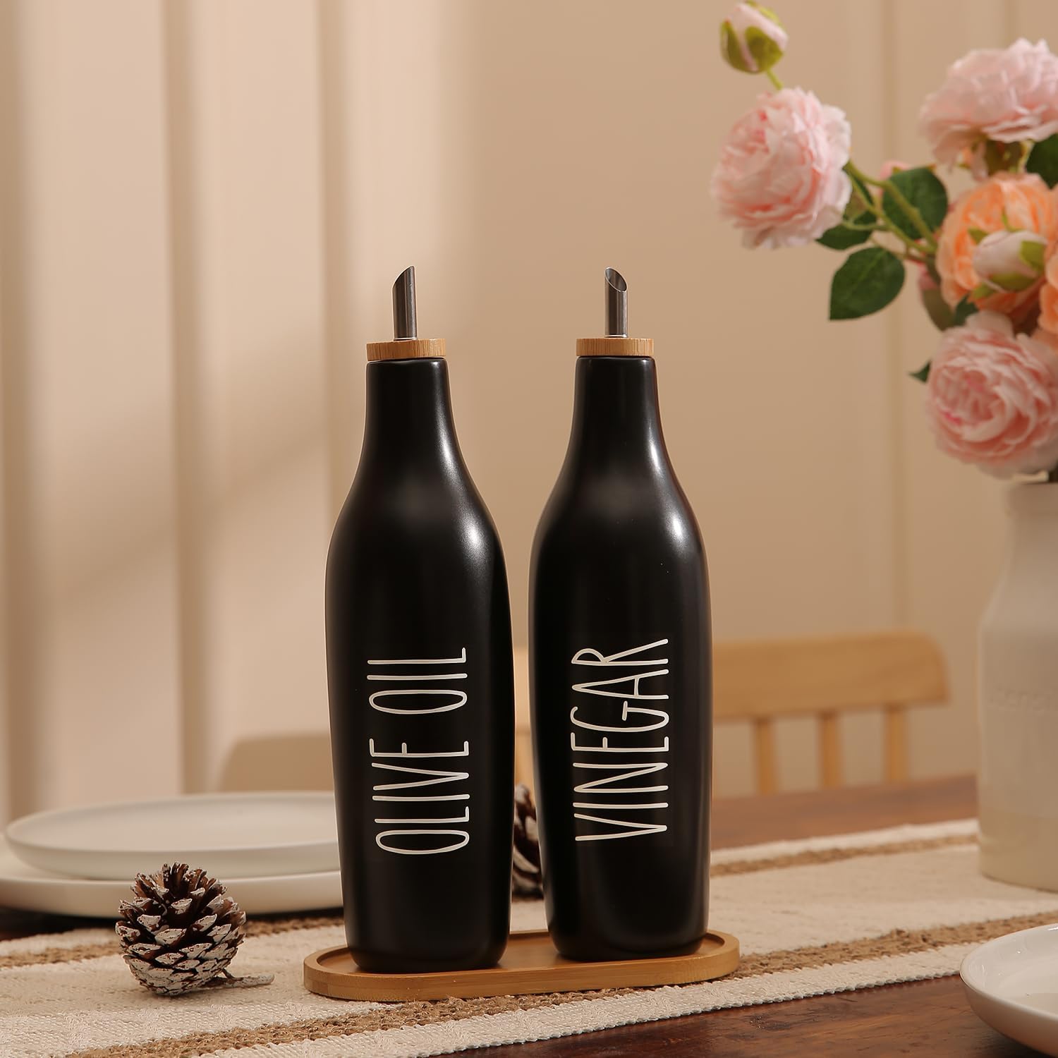 HOMCDALY Olive Oil and Vinegar Dispenser Set, Ceramic Oil and Vinegar Bottles with Bamboo Tray