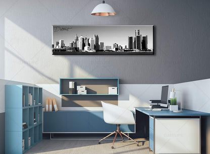 DJSYLIFE Detroit Skyline Wall Art Black and White Canvas Prints USA Skyscraper Panoramic Cityscape