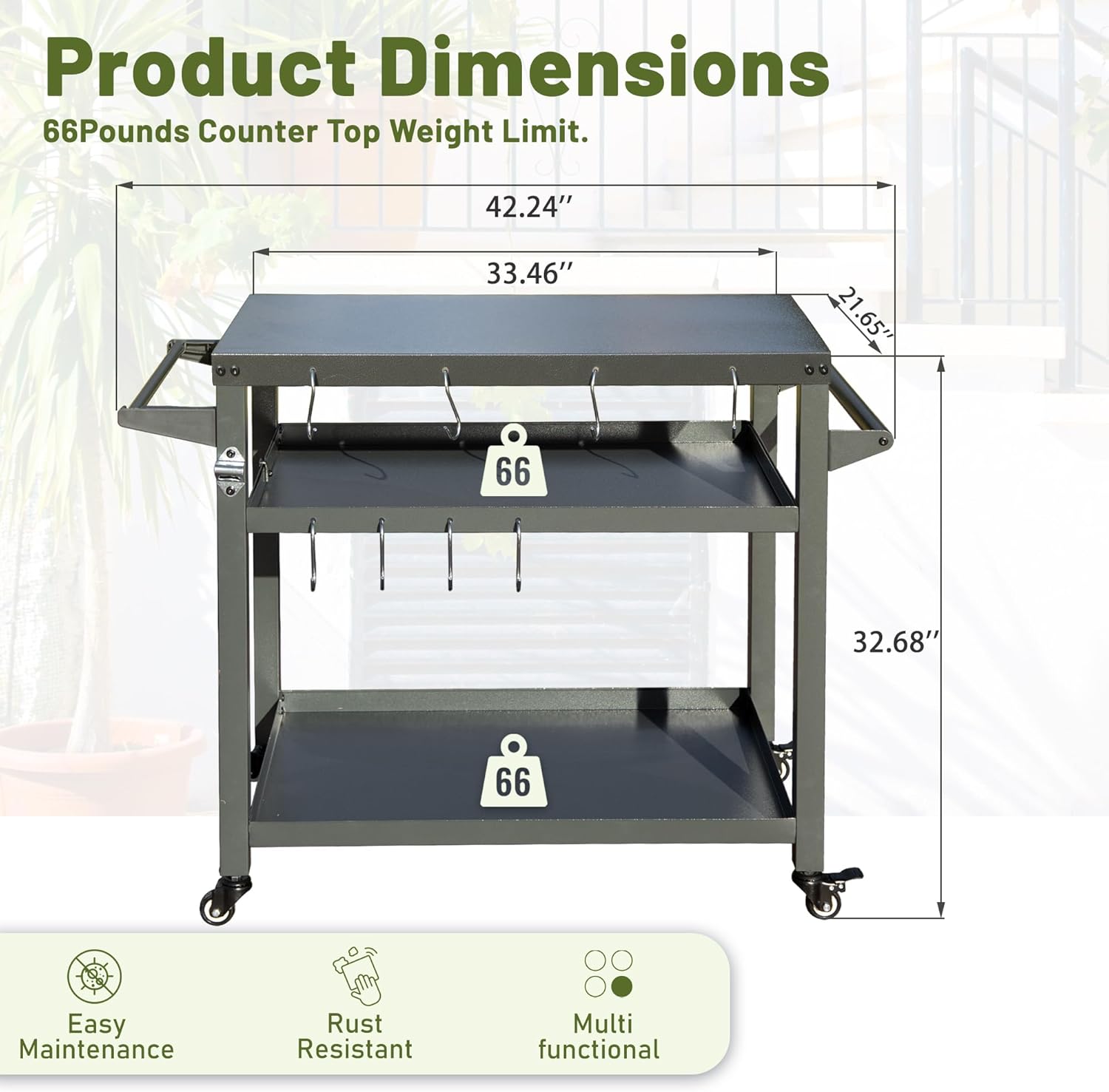 Domi 3-Shelf Outdoor Grill Table, Grill Cart with Wheels, Pizza Oven and Food Prep Table