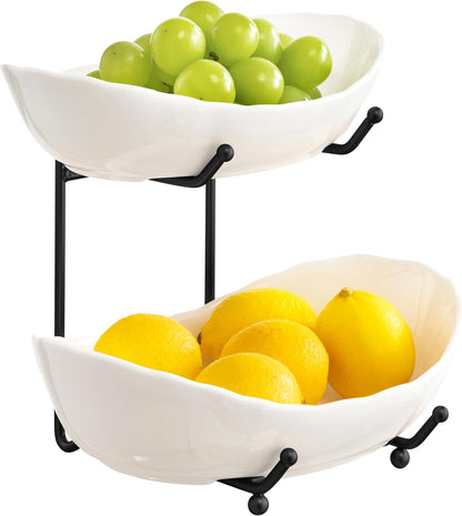 HBlife Fruit Bowl for Kitchen Counter - 2 Tier Ceramic Fruit Rack, Fruit Basket for Fresh