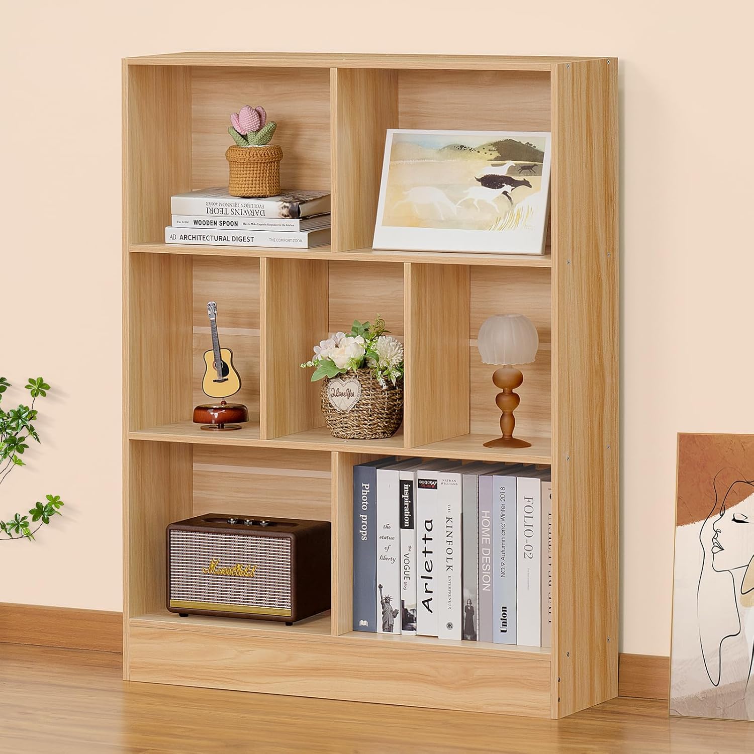 LEYAOYAO 7 Cube Bookshelf with Wood Base,Natural 3 Tier Mid-Century Modern Bookcase,Standing Wide