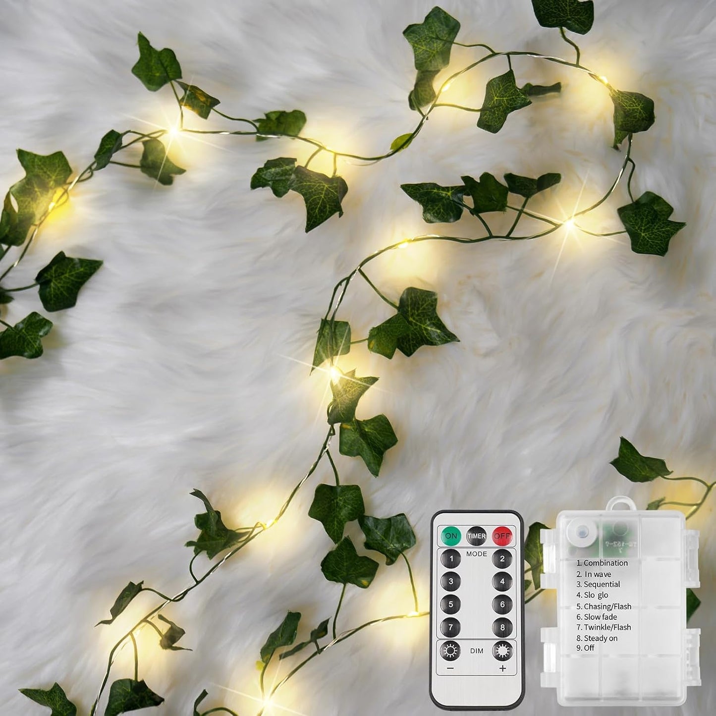 suddus Vine with Fairy Lights Battery Operated, 33ft 100 LED Ivy String Lights with Remote, Leaf