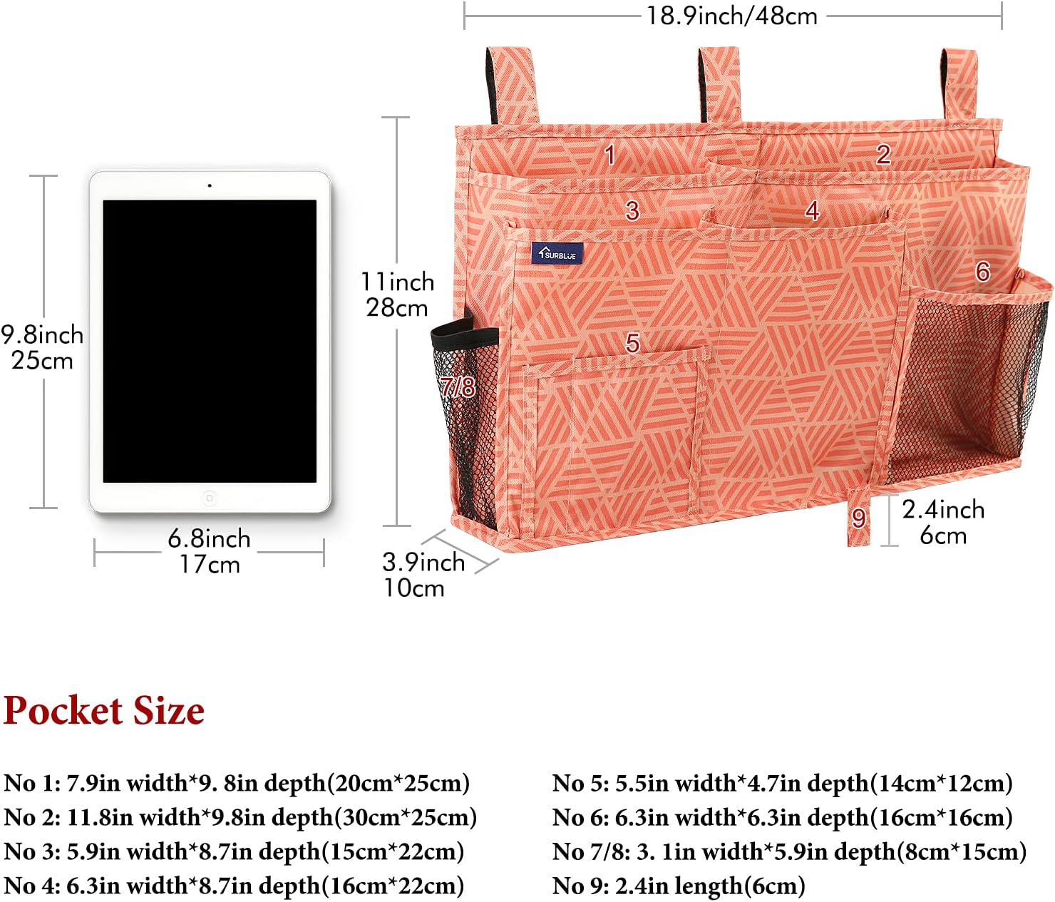 Surblue Bedside Caddy Hanging Organizer Storage Bag Pocket for Bunk, Hospital, College Dorm Rooms