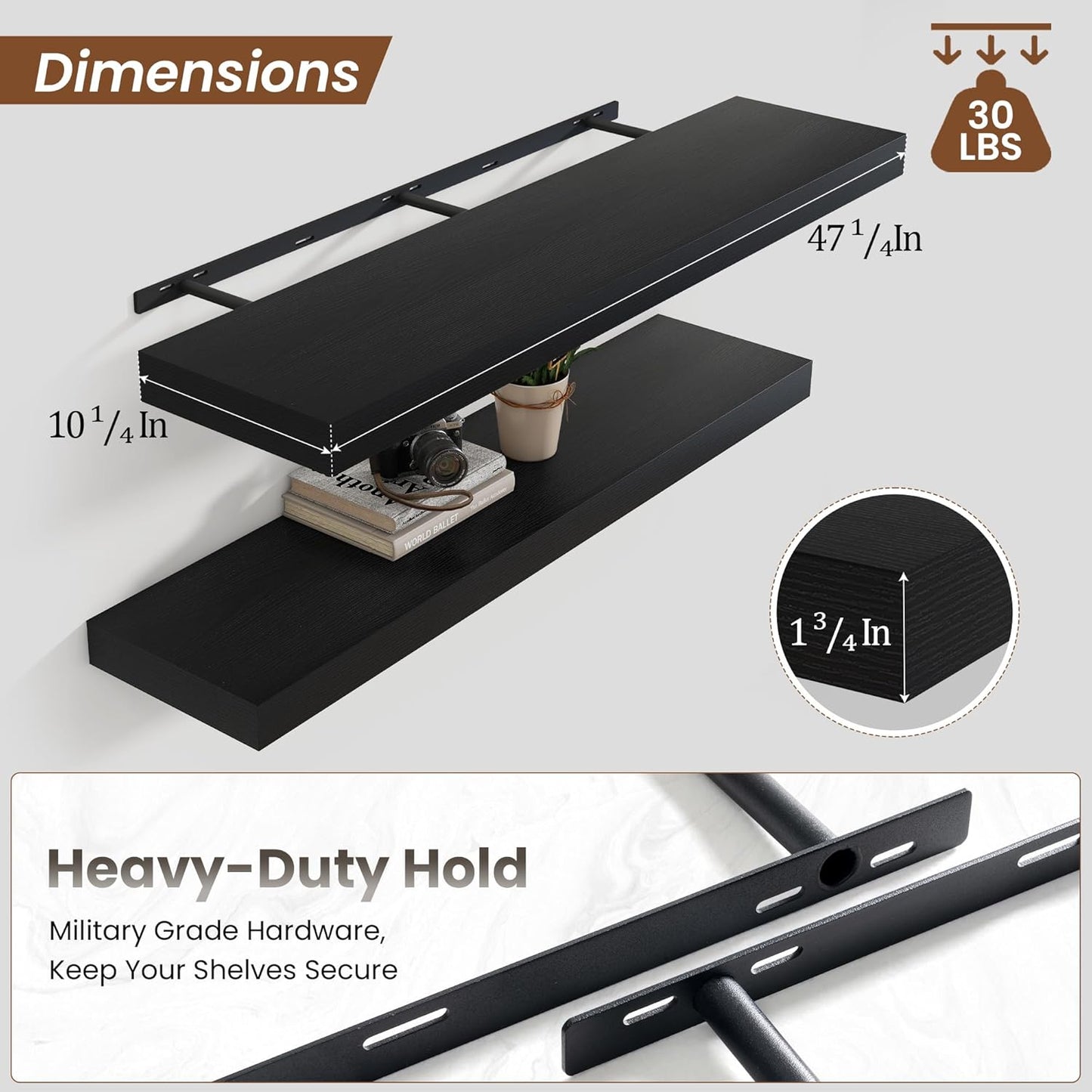 Heimlove 48" Black Floating Shelves for Wall,10 Deep Rustic Wood Display & Storage Wall Shelves