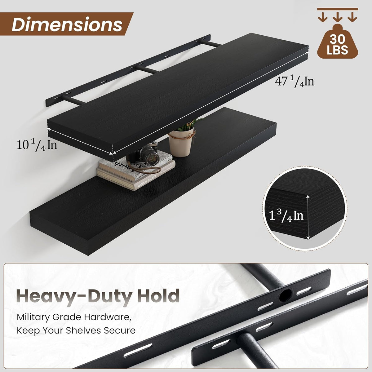 Heimlove 48" Black Floating Shelves for Wall,10 Deep Rustic Wood Display & Storage Wall Shelves