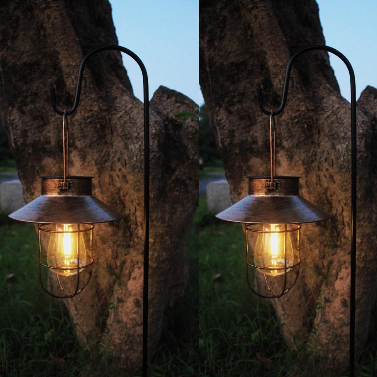 2 Pack Solar Lanterns, Outdoor Hanging Lights Metal with Shepherd Hook Warm White Edison Bulb