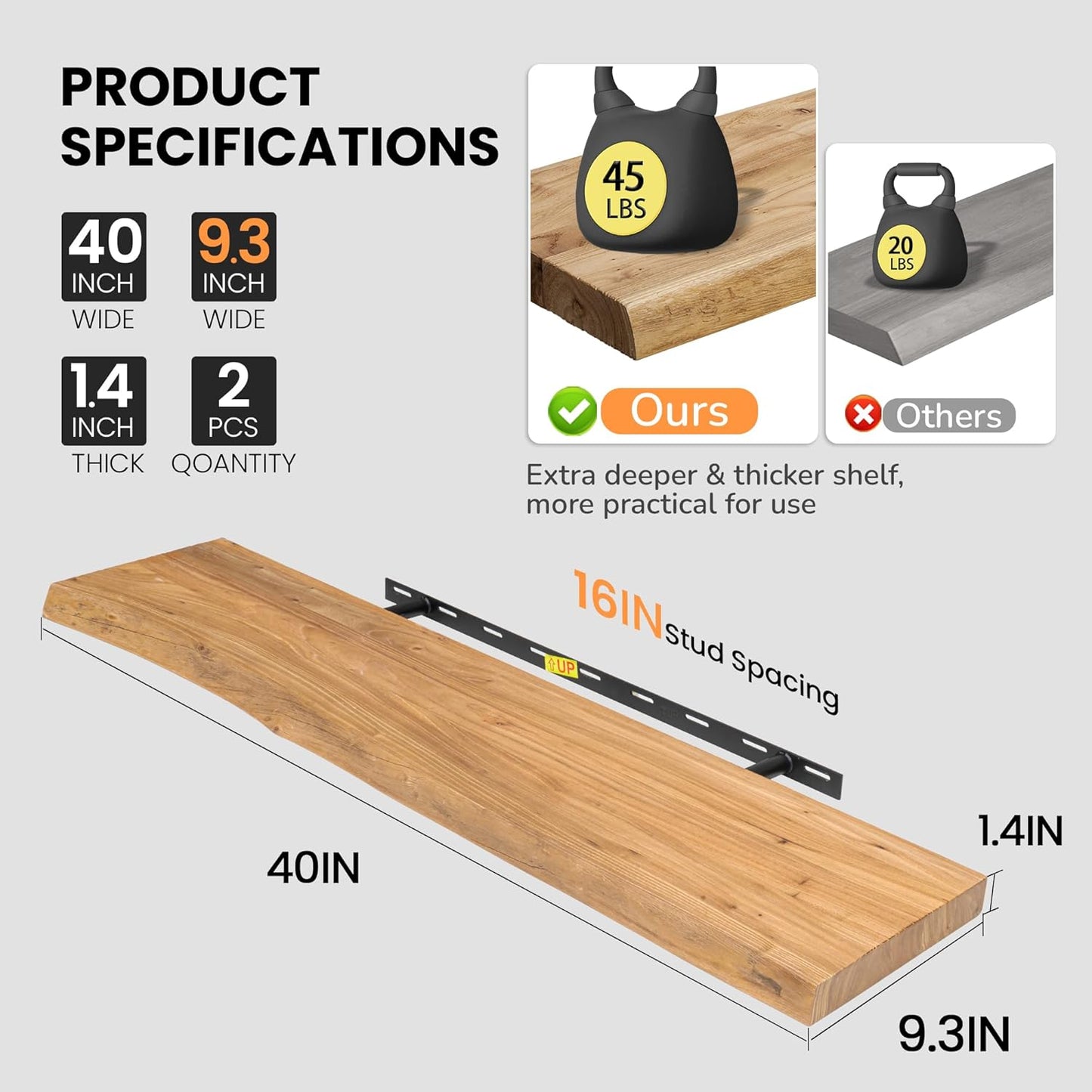 Floating Shelves for Wall, Live Edge 40"W x 9.3"D x 1.5"H Wood Floating Shelf, Set of 2 with