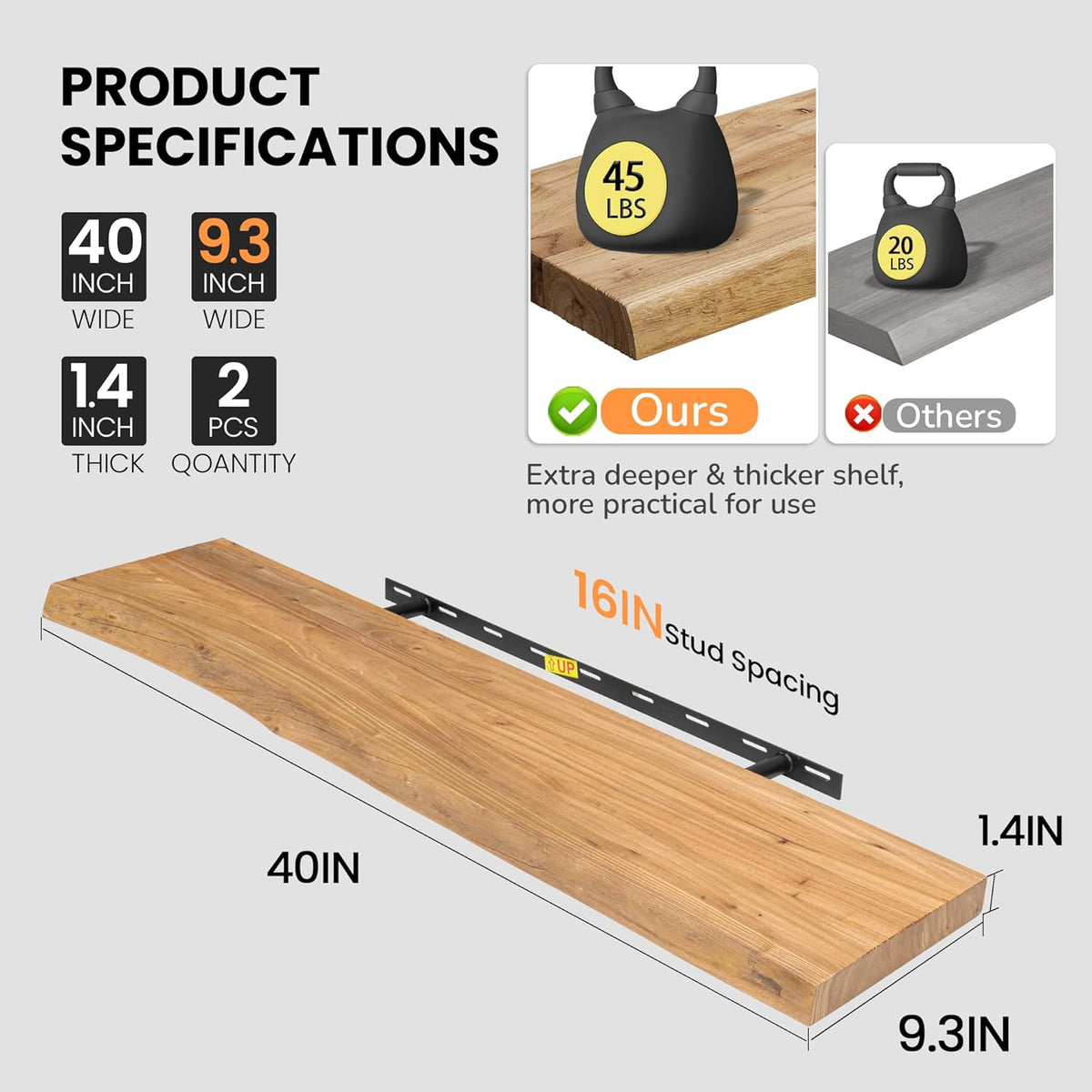 Floating Shelves for Wall, Live Edge 40"W x 9.3"D x 1.5"H Wood Floating Shelf, Set of 2 with