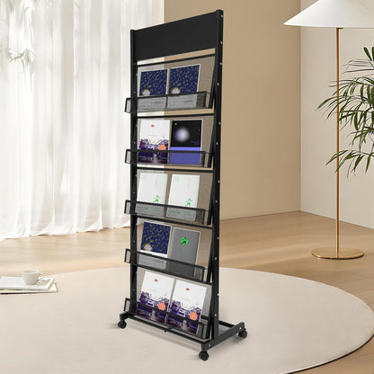 5-Tier Magazine Rack Floor Standing Brochure Display Stand with Universal Wheels & Brakes Metal