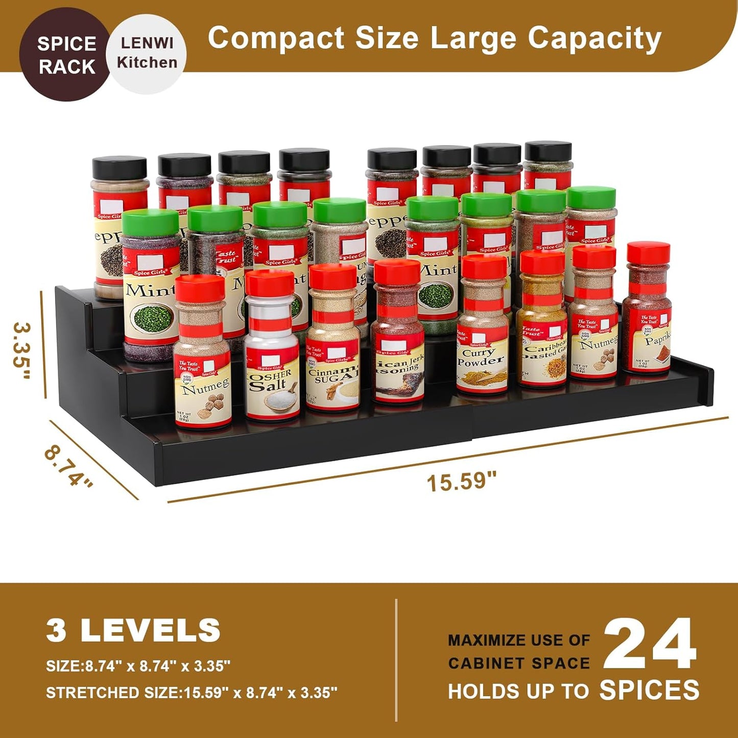Spice Rack Organizer for Cabinet, 3 Tier Expandable Bamboo Spice Storage, Great for Kitchen