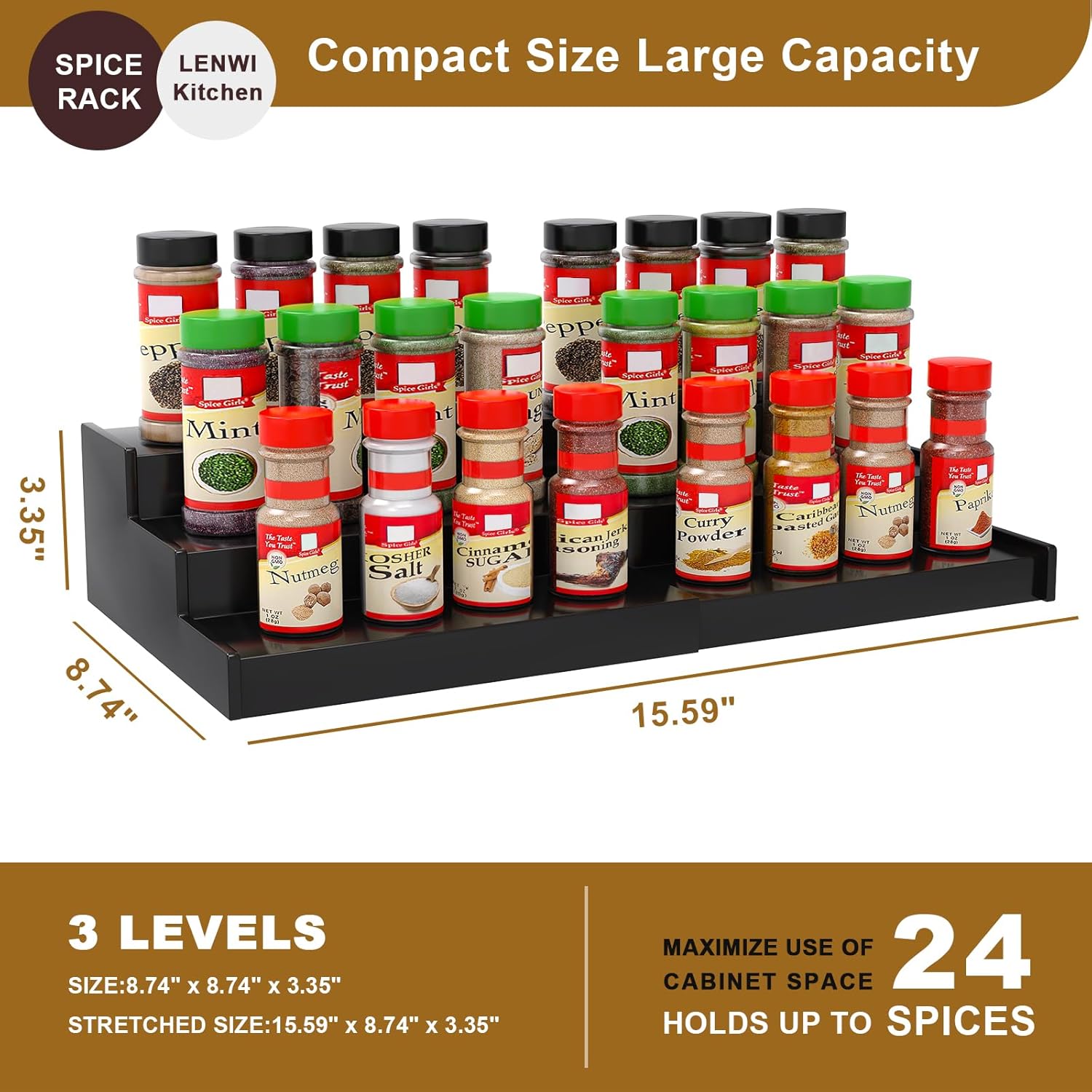 Spice Rack Organizer for Cabinet, 3 Tier Expandable Bamboo Spice Storage, Great for Kitchen