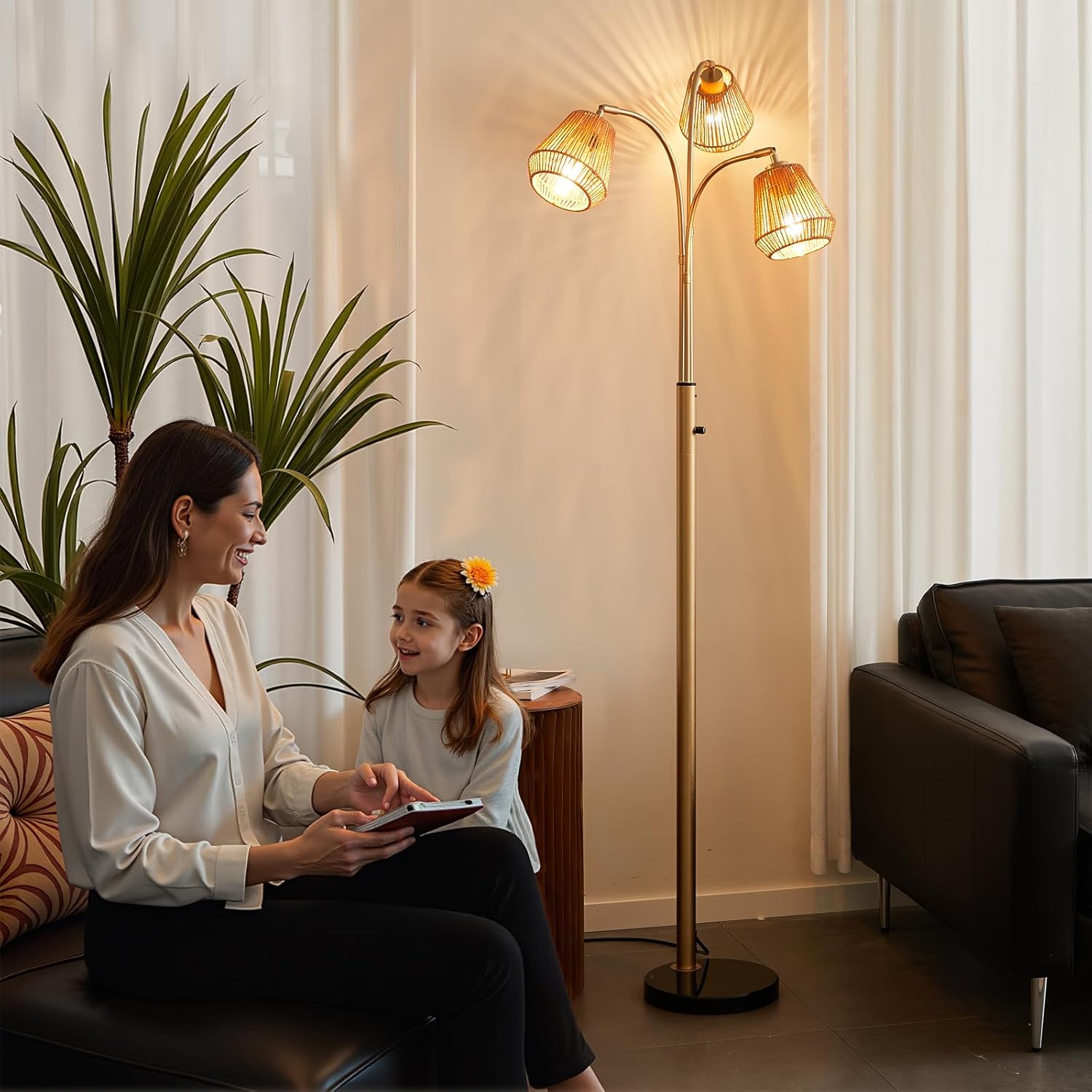 Gold Rattan Floor Lamp for Living Room, 72 Inch Tall Boho Floor Lamp with Rotary Switch, 3 Lights