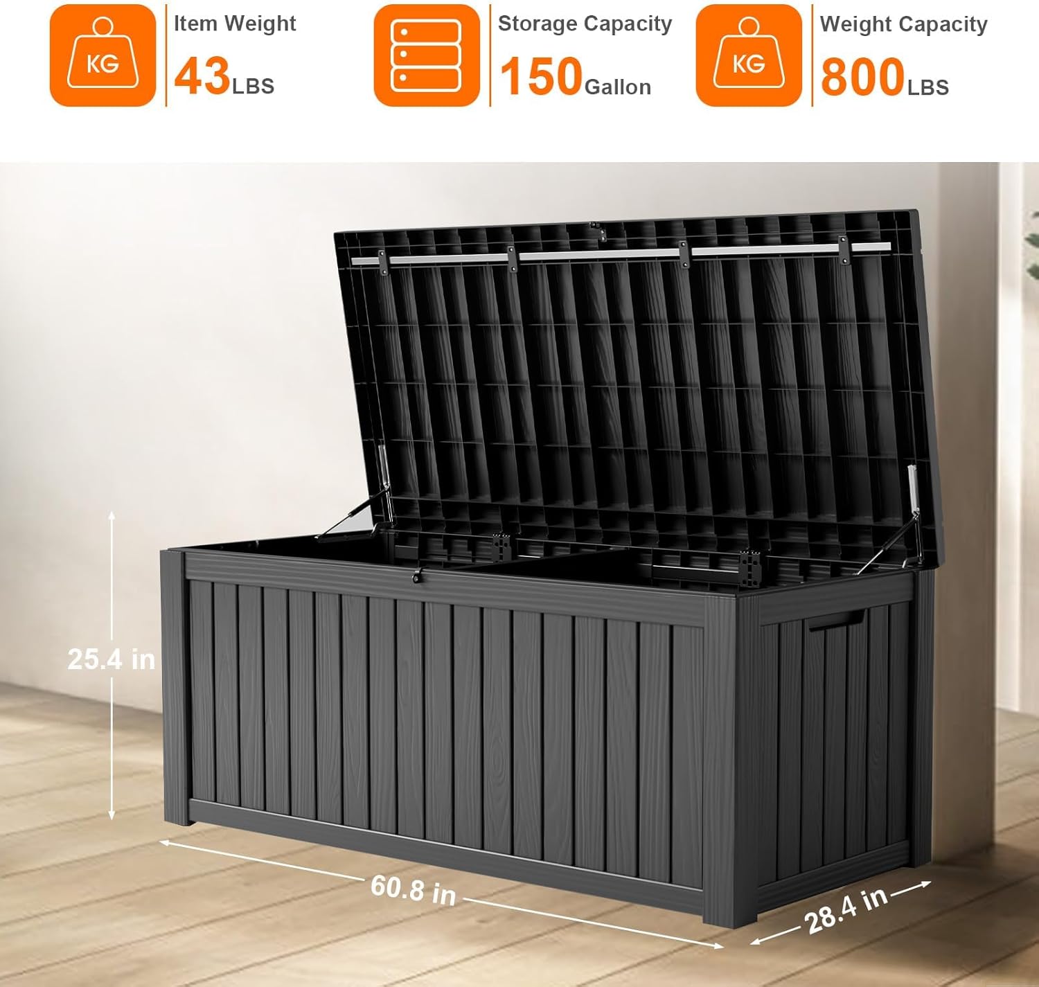 Vixzen 150 Gallon Resin Deck Box, Lockable Outdoor Storage Box for Patio Cushions Storage