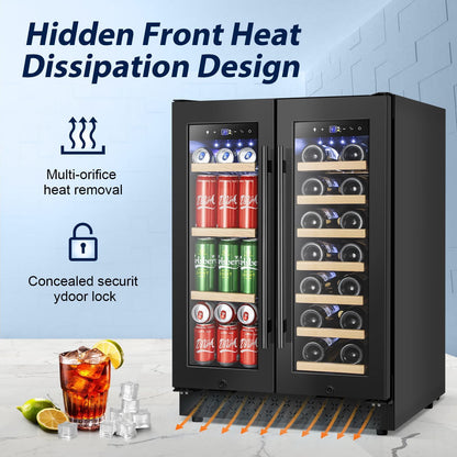 Tylza 24 Inch Wine and Beverage Refrigerator, Dual Zone Wine Beverage Cooler 24" with French Door
