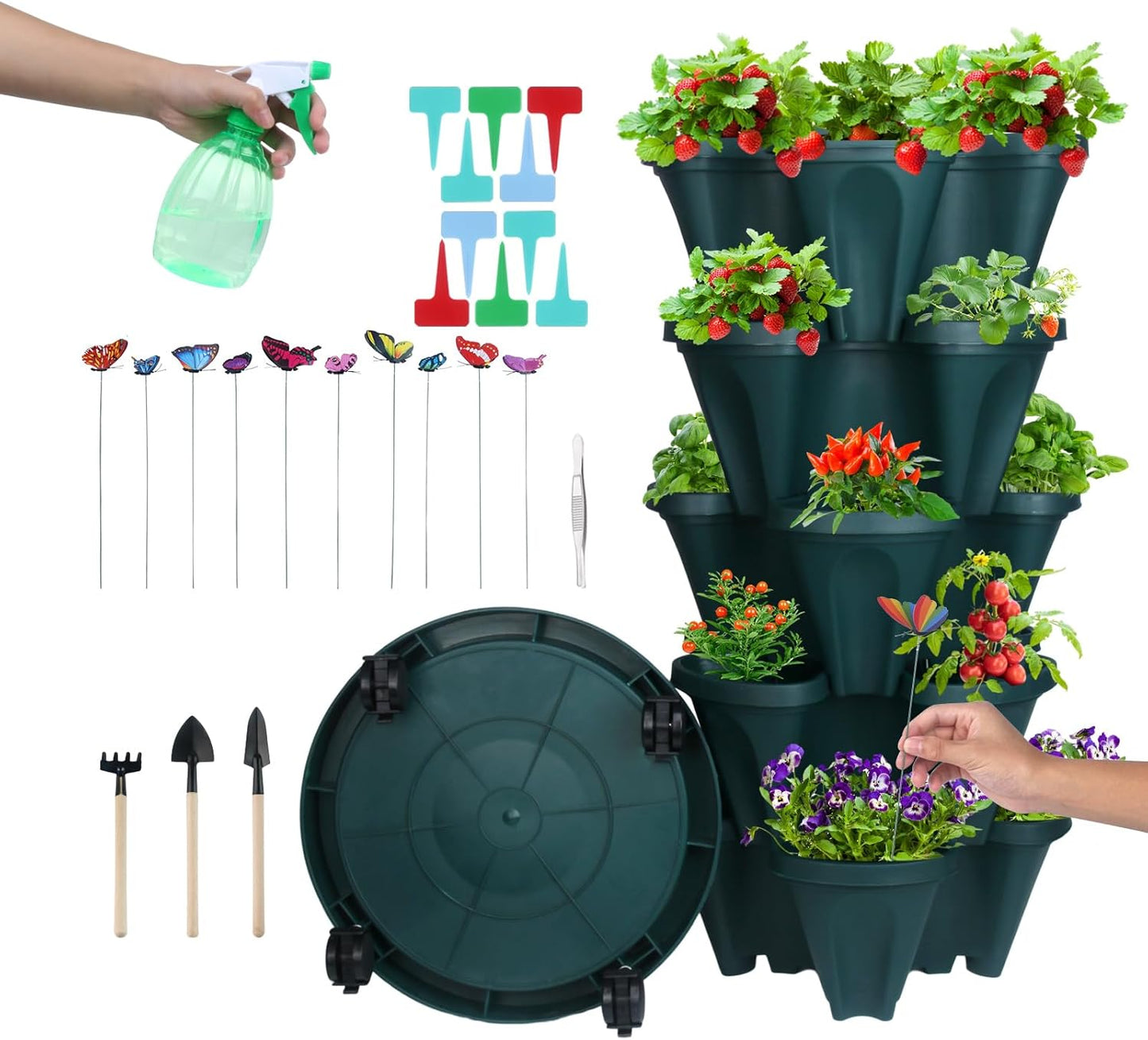 DUNCHATY Stackable Planter, Vertical Strawberry Planter with Garen Tool Set, Indoor/Outdoor 5 Tier