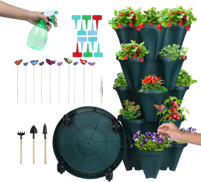 DUNCHATY Stackable Planter, Vertical Strawberry Planter with Garen Tool Set, Indoor/Outdoor 5 Tier