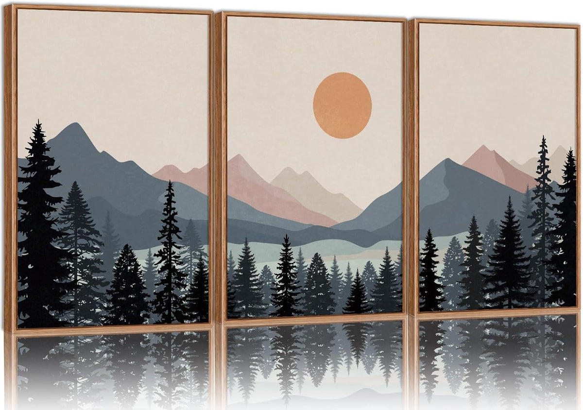 Tinonedraw Boho Mountain Framed Canvas Wall Art Set of 3, Watercolor Nature Landscape Art Prints