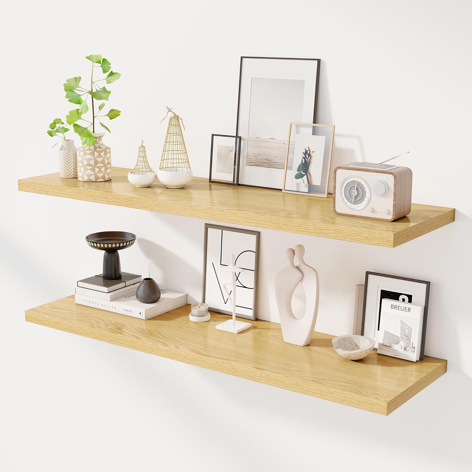 48" Floating Shelves for Wall, 12" Deep Slim Oak Floating Shelves, Wall-Mounted Shelves for