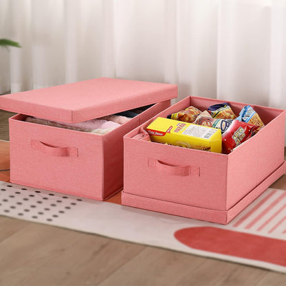HOONEX Linen Foldable Storage Bins with Lids, 2 Pack, Storage Boxes with Carrying Handles and