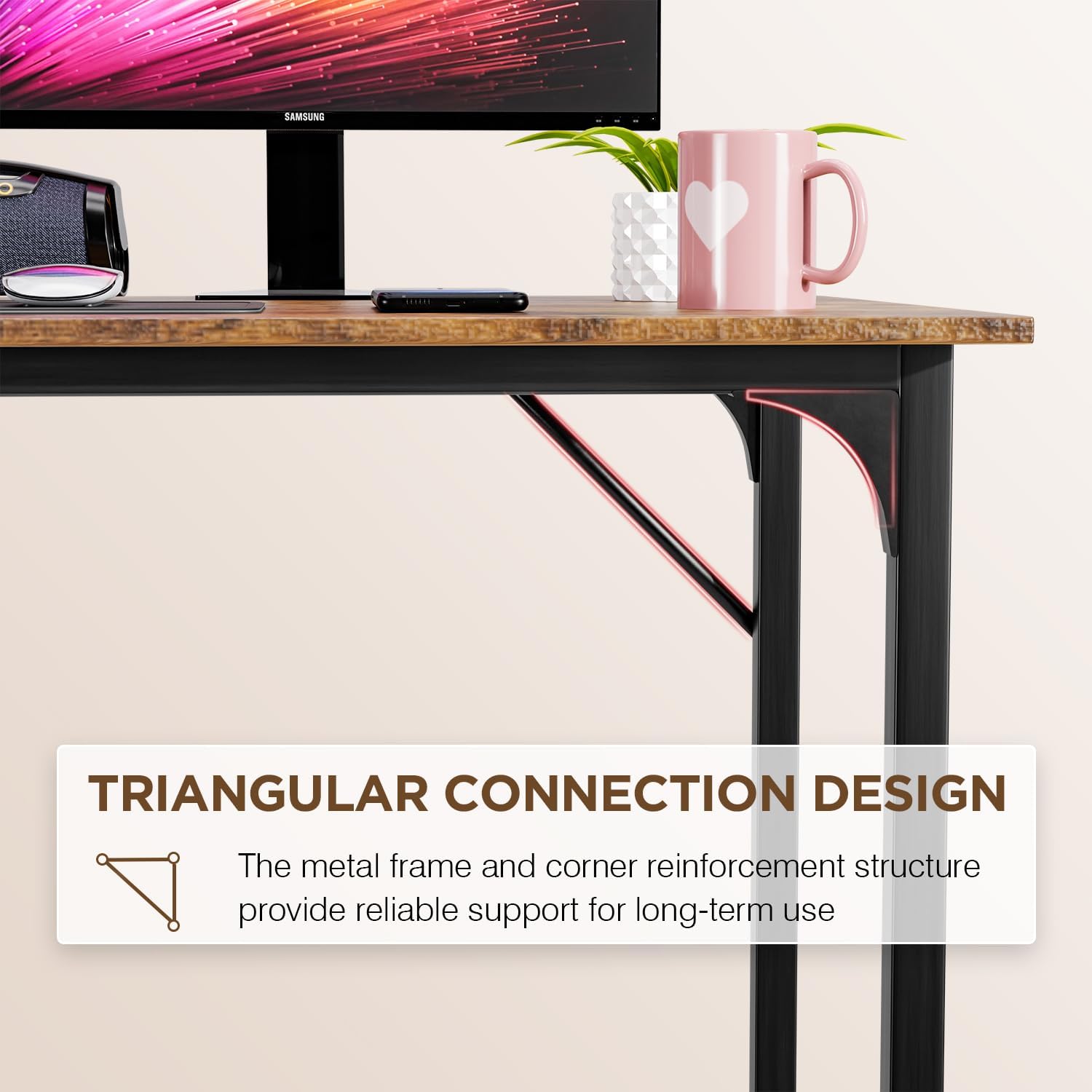 PayLessHere | 47 Inch Computer Desk | Brown | Office Desk with Metal Frame, Adjustable Feet |