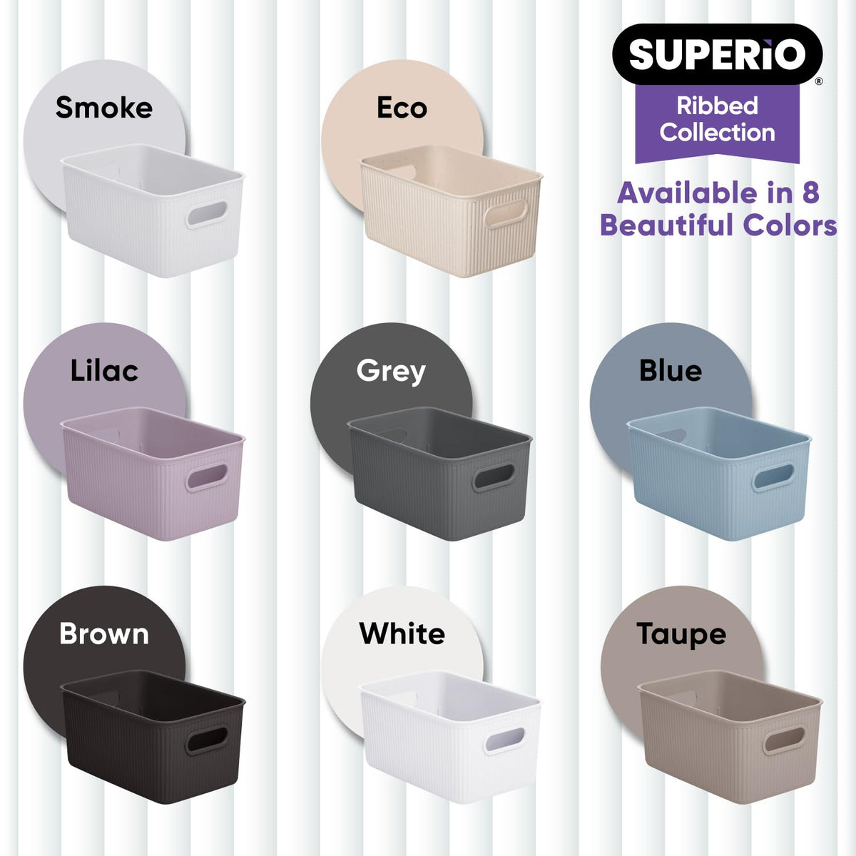 Superio Ribbed Collection - Decorative Plastic Basket Open Home Storage Bins Organizer, Medium Grey