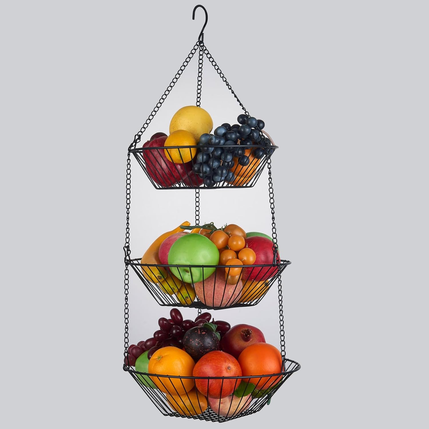 3-Tier Wire Fruit Hanging Basket 2 Packs,non-Punching Wall Hanging Storage,Kitchen Bathroom