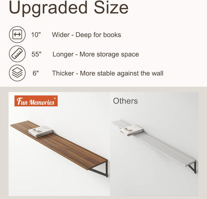 Floating Shelves 55 Inch Long, 10" Deep Floating Shelves, Walnut Wall Shelves 55 x 10, Set of 2